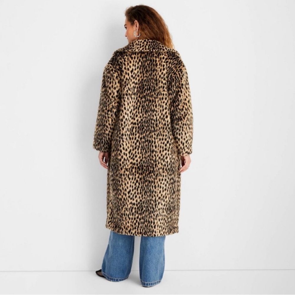 Future Collective Women's Faux Fur Long Coat Brown Leopard Print Size L NWOT - Picture 2 of 4